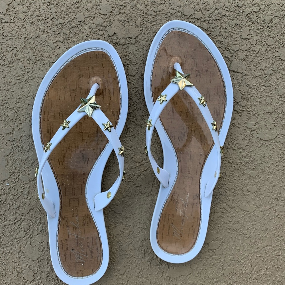 Mark Fisher white with gold stars flip flops 7M